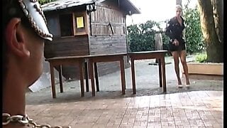 Guy bends over blonde to fuck her ass with fuck toy