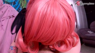 Pink hair in corset and stockings get fucked in all holes
